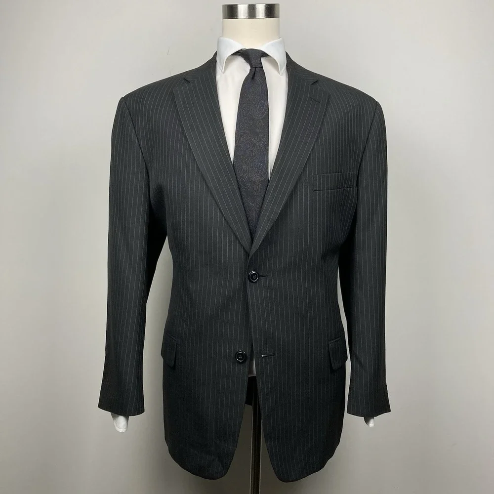 Haggar Mens Sport Coat‎ Blazer Charcoal Striped 46L Polyester Two Buttons